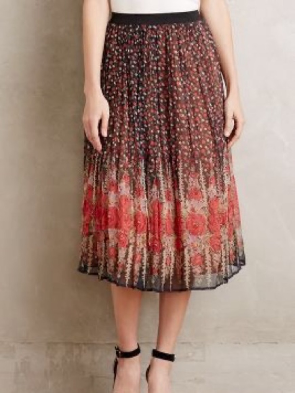 Anthropologie Black Midi Skirt with Red Floral Border
